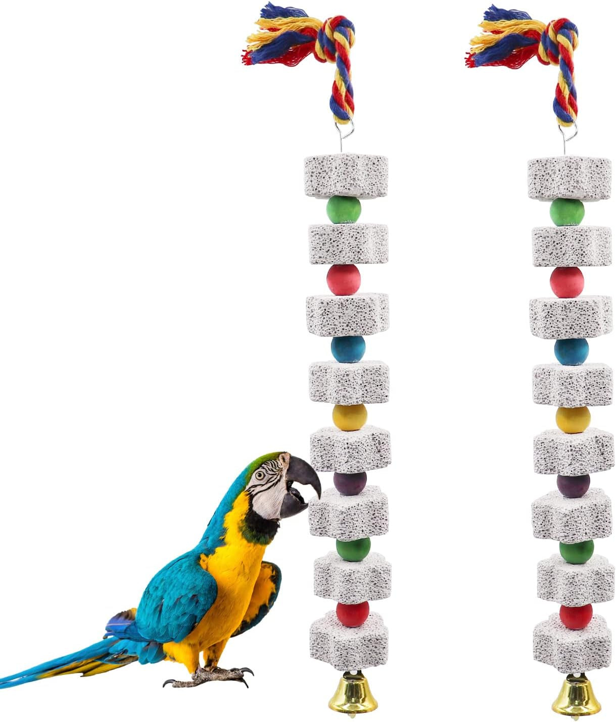 2 Pack Parrot Chew Toy Calcium Block Bird Beak Grinding Bell Cage Toy