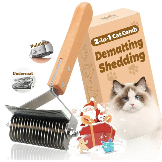 2-in-1 Cat Dematting & Deshedding Brush Undercoat Rake for Long Hair Cats