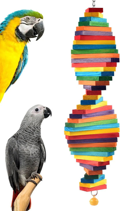 Bird Chew Toy with Wooden Blocks, Hanging Parrot Toy for Medium to Large Birds
