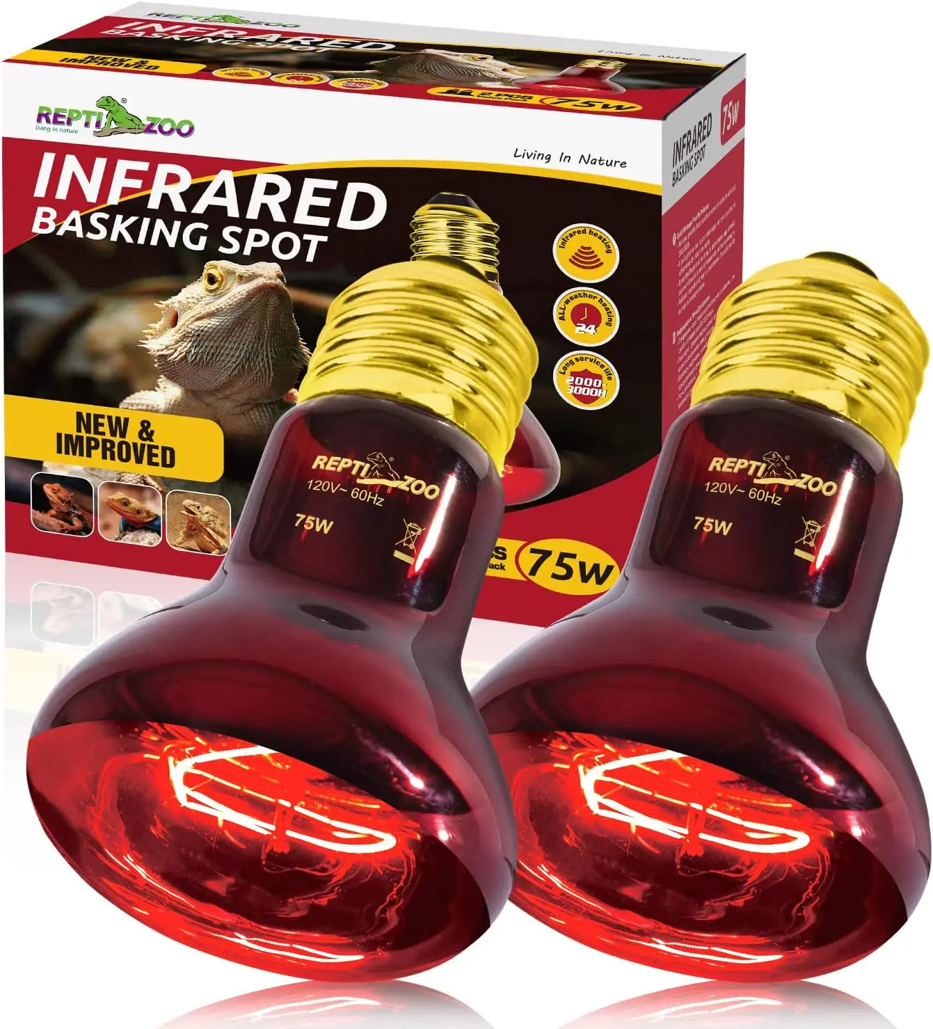 75W Reptile Heat Lamp Bulb 2PCS UVA Daylight & Infrared Night Basking E26