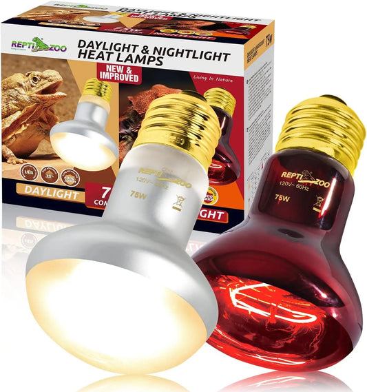 75W Reptile Heat Lamp Bulb 2PCS UVA Daylight & Infrared Night Basking E26