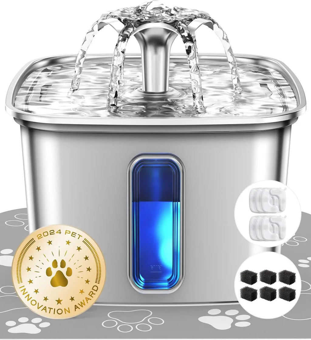 Stainless Steel Pet Water Fountain 95oz Quiet Automatic with Filters & Mat